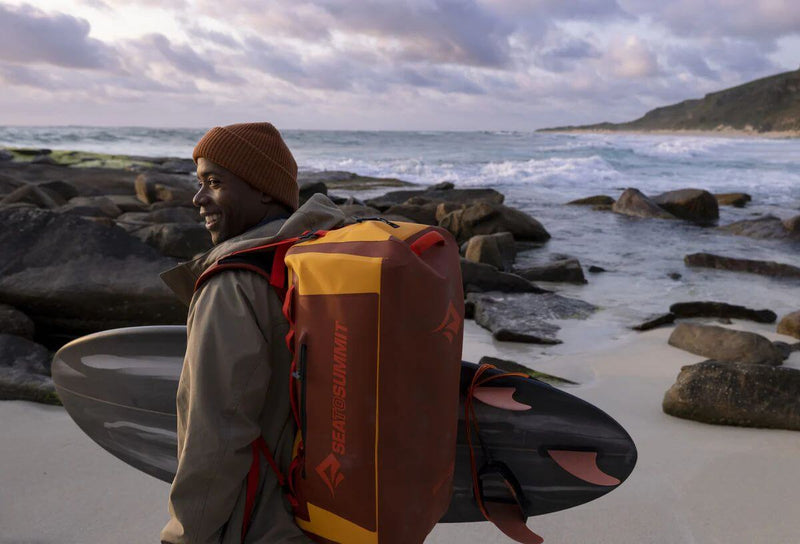 Andrew King with Sea to Summit dry backpack at the beach